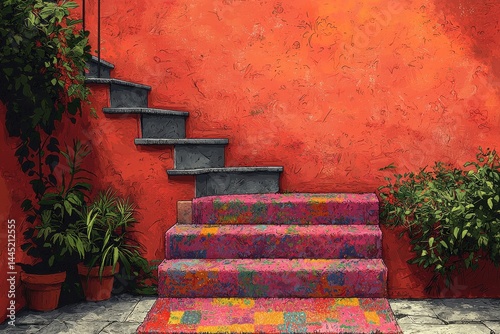 Vibrant outdoor staircase with orange wall and greenery decor