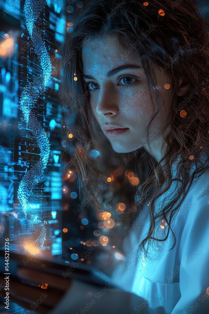 Female scientist analyzing interactive holographic DNA data interface in a laboratory