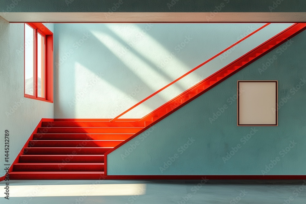 Modern staircase interior with vivid colors and geometric composition