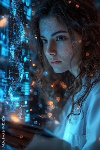 Obraz na płótnie Female scientist analyzing interactive holographic DNA data interface in a laboratory w salonie