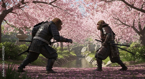 Two samurai warriors engaging in a battle duel amidst pink cherry blossoms photo