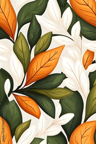 Lush autumnal foliage pattern with orange, green, and white leaves in a stylized design