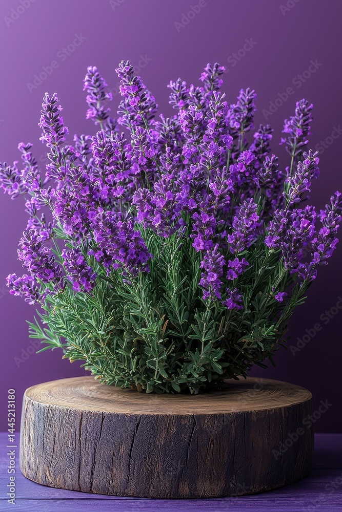 Lavender flowers in a rustic arrangement on a wooden slice against purple