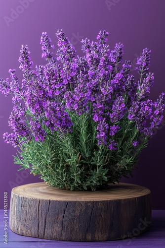 Obraz na płótnie Lavender flowers in a rustic arrangement on a wooden slice against purple w salonie