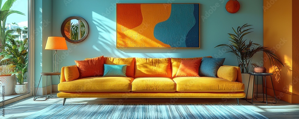 Colorful living room interior with modern furniture and vibrant decoration