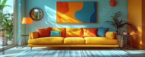 Obraz na płótnie Colorful living room interior with modern furniture and vibrant decoration w salonie