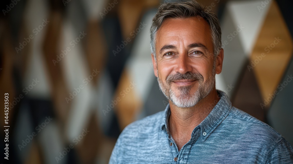 Portrait of a mature man with gray hair and a beard smiling gently. It's perfect for portraying success, trust, or a professional image.