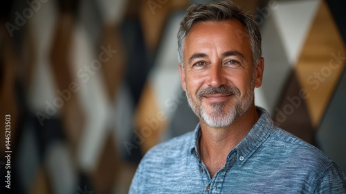 Obraz na płótnie Portrait of a mature man with gray hair and a beard smiling gently. It's perfect for portraying success, trust, or a professional image. w salonie