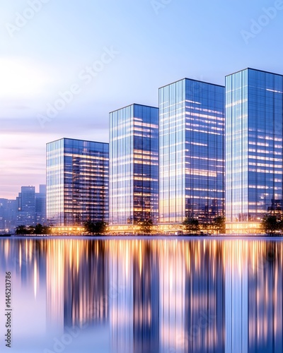 Modern glass skyscrapers reflected in calm twilight water