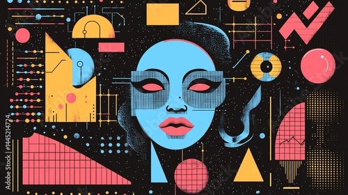 Surreal futuristic portrait with geometric shapes and celestial background