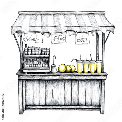 Textured pen sketch of a lemonade stand with banners and hand-lettered sign - artistic line detail, isolated