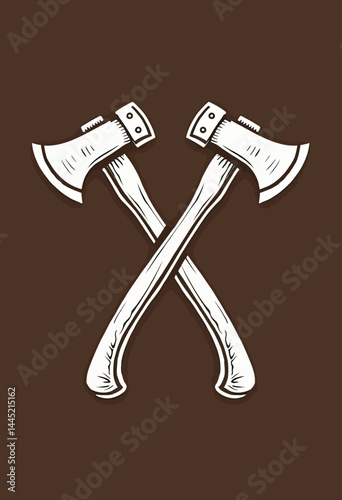 Simple Flat Vector Logo of Crossed Axes in White Line Art, Woodcut Texture and Minimal Shading on a Dark Brown Background, Axe-Themed Identity for Barbershop Use
