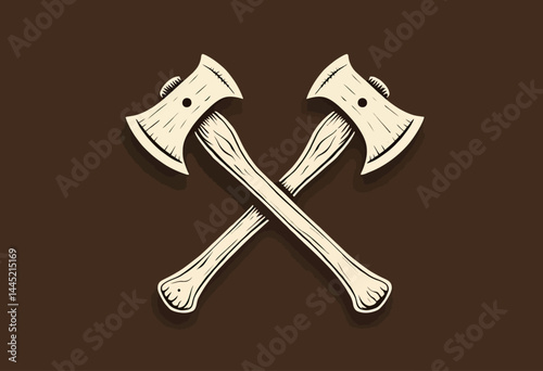 Barbershop Logo Featuring Crossed Axes with Subtle Woodcut Detailing and White Line Art on a Chocolate Brown Background, Flat Vector Graphic Style
