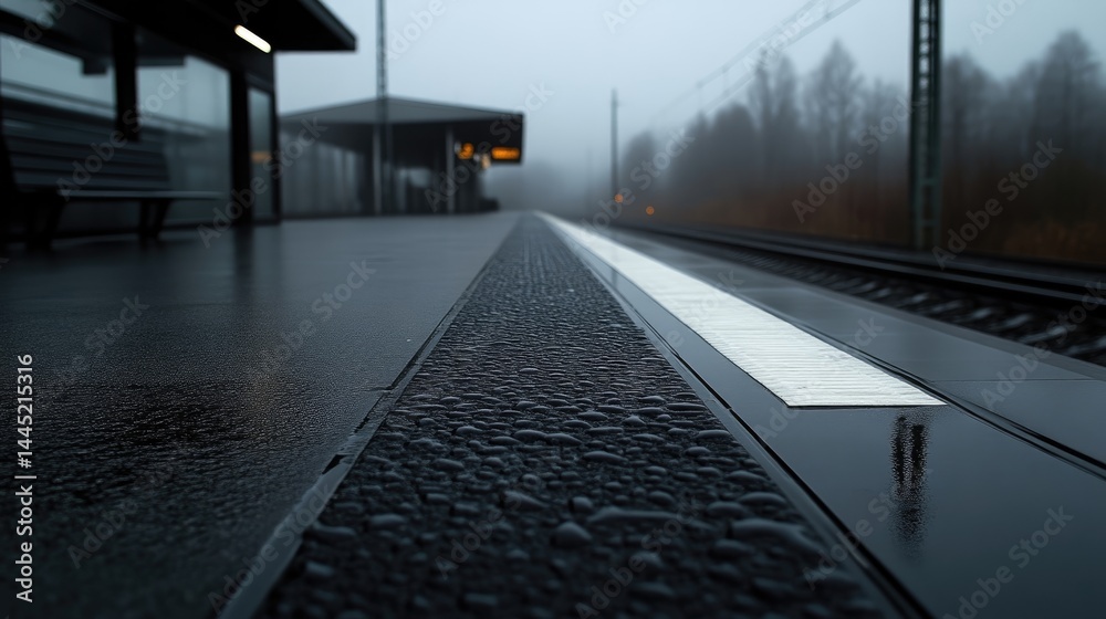 Naklejka premium Rainy train station platform in the fog. A low-angle view of a wet platform, rain droplets on the dark surface, a white line marking the train tracks, and a station building in the background.