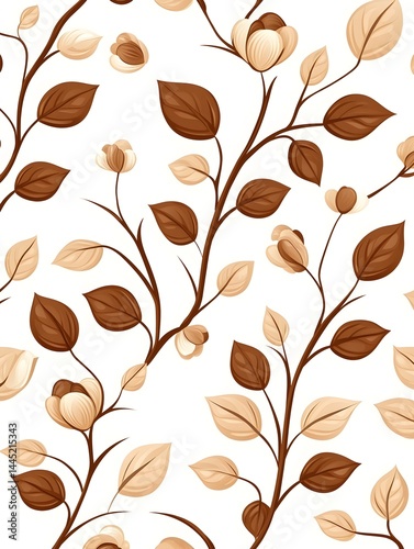 Seamless pattern of brown and beige stylized flowers and leaves on white background