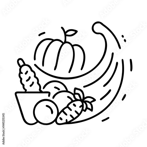 Cornucopia full of autumn fruits and vegetables in outline style  