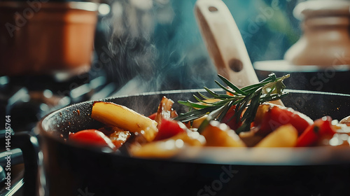 Roasted vegetable dish cooking in pan