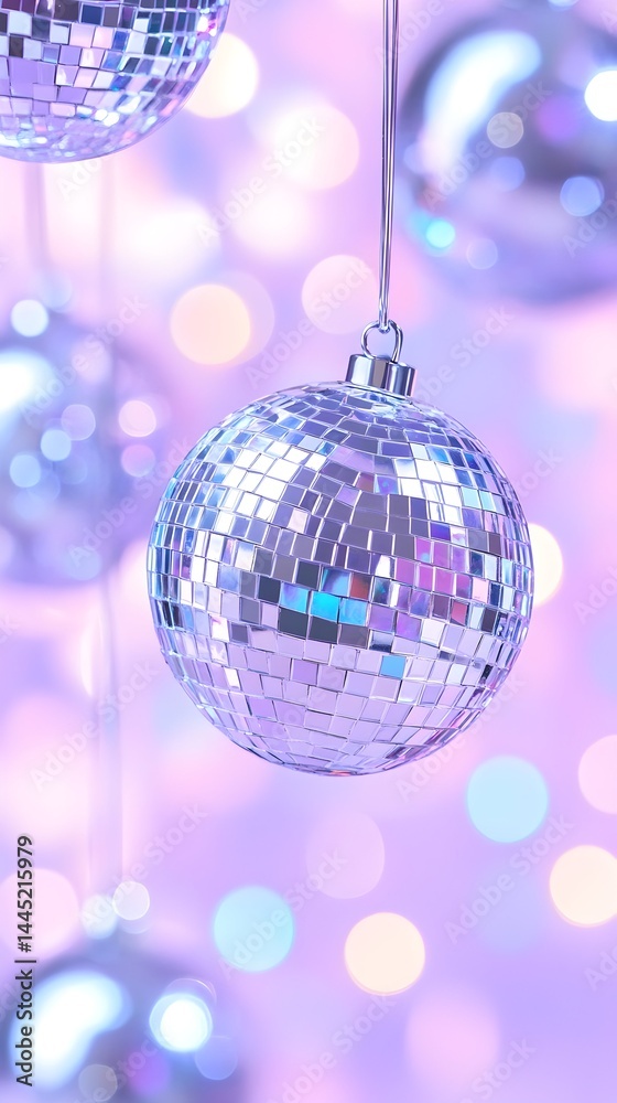 Fototapeta premium Shimmering disco ball ornaments hang against a soft purple bokeh background