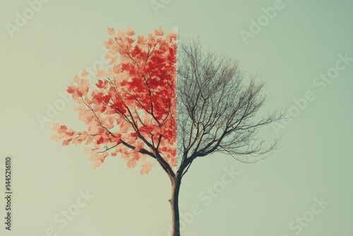 An artistic depiction of a tree transitioning from vibrant autumnal hues to barren branches, symbolizing seasonal change.