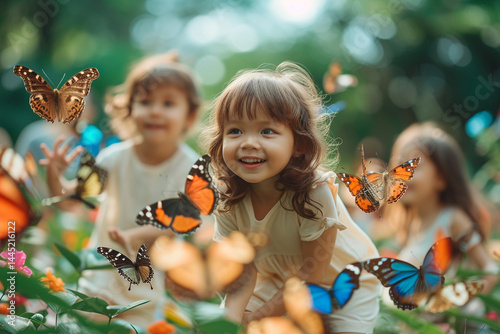 Children gleefully chasing vibrant and enchanting butterflies amidst lush and blooming garden, filled with an array of mesmerizing colors     photo