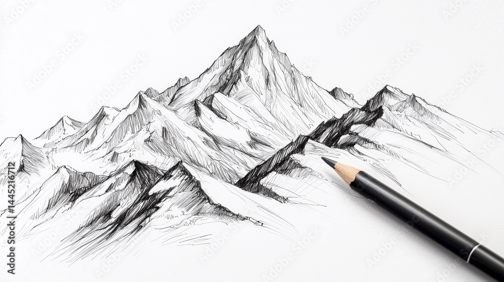 hand-drawn mountain landscape sketched with fineliner on white background, detailed peaks and natural contours