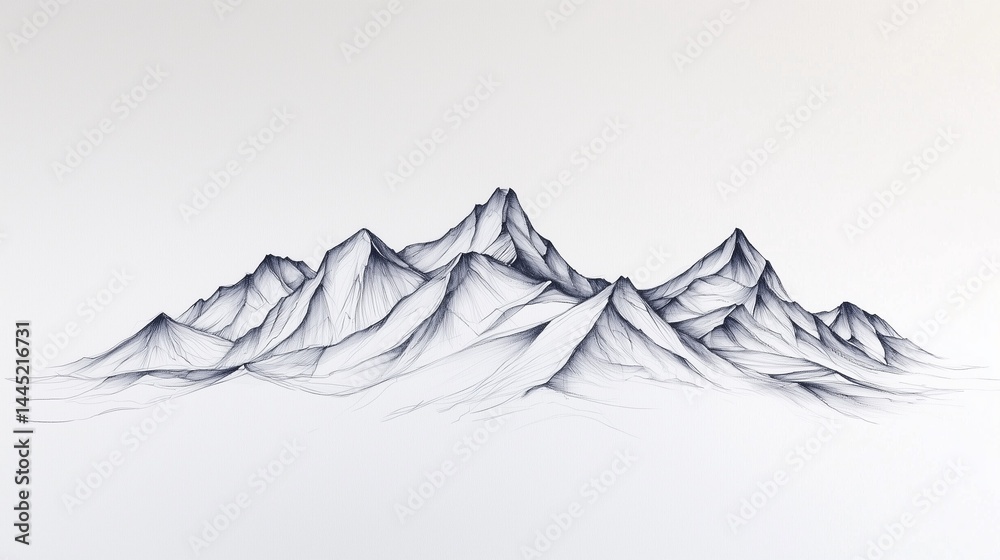 mountain range drawn with black fine liner, white paper backdrop, stylized natural formation