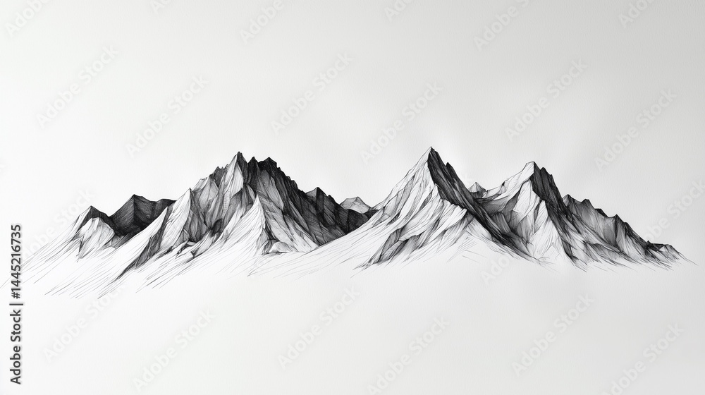 mountain range drawn with black fine liner, white paper backdrop, stylized natural formation