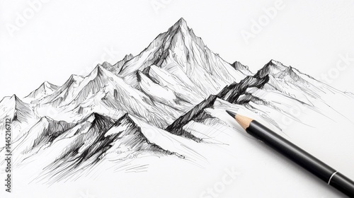 hand-drawn mountain landscape sketched with fineliner on white background, detailed peaks and natural contours