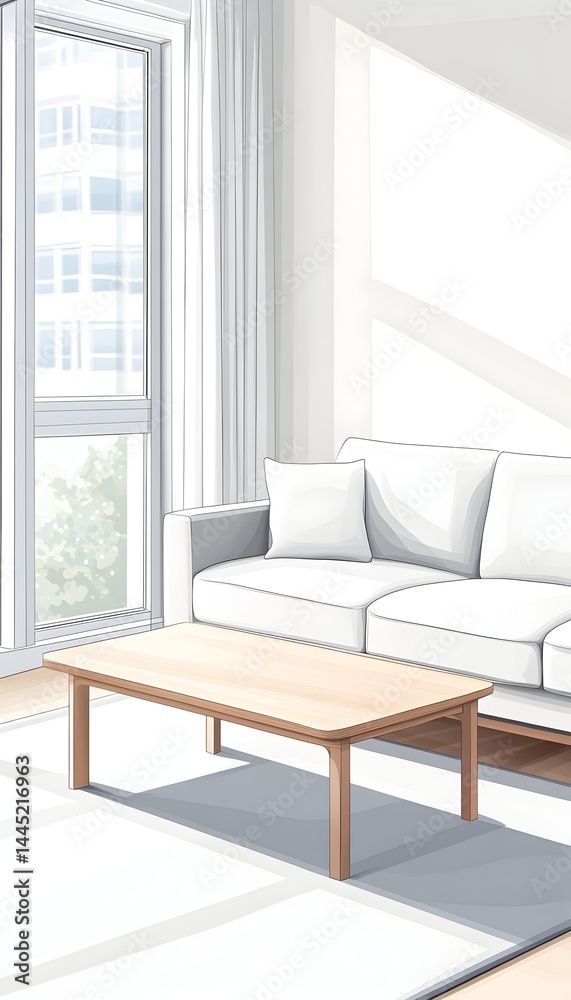 Fototapeta premium Sunlit living room with white couch, coffee table, and city view
