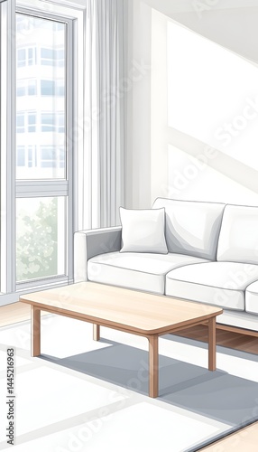 Sunlit living room with white couch, coffee table, and city view