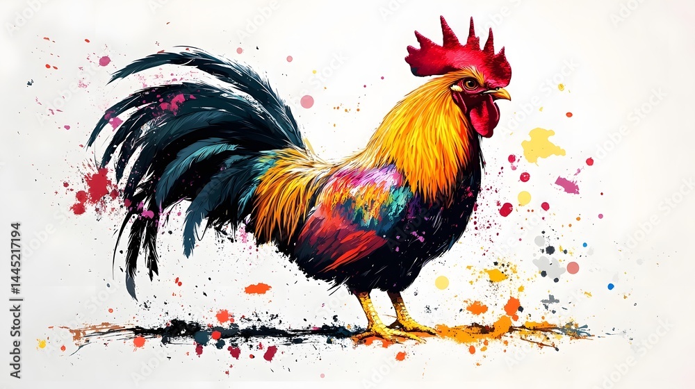 Fototapeta premium Vibrant Rooster Painting with Colorful Splatter Background