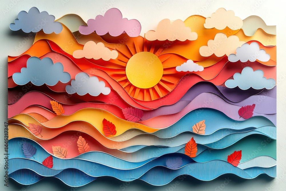 Colorful layered paper collage of ocean waves and sunlit sky