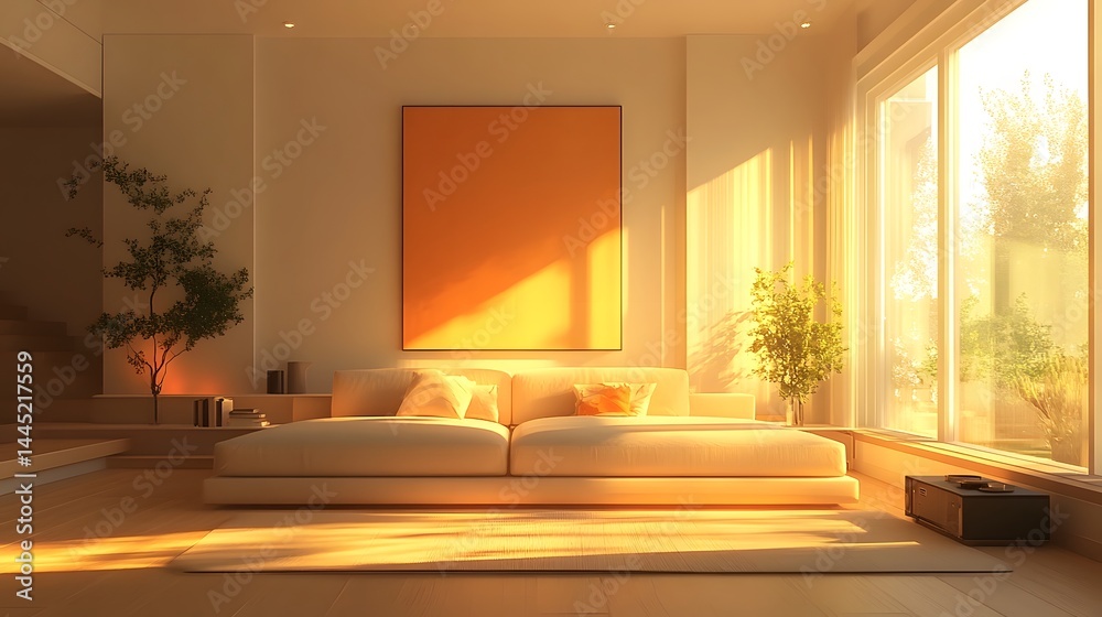 Fototapeta premium Bright and Airy Modern Living Room with Panoramic Nature View Through Large Windows