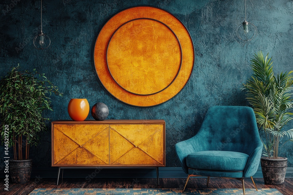 Stylish retro-style interior featuring vibrant furniture and artistic decor