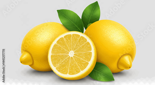 Digitally generated image in a realistic, vivid style with sharp clarity and strong contrasts from sunlight, featuring three yellow lemons on a transparent background. Vector illustration