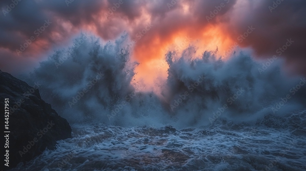 Dramatic ocean waves crashing against rocks during a powerful sunset. Massive waves, intense colors, stormy sky, powerful ocean, dramatic coastal scene Dramatic ocean waves crashing against rocks during a powerful sunset. Massive waves, intense colors, stormy sky, powerful ocean, dramatic coastal scene