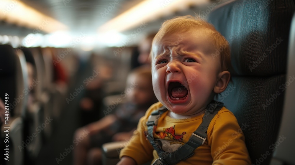 A crying toddler is strapped into his seat on a commercial airplane. Use it to illustrate travel stress, fussy babies, or family travel problems.