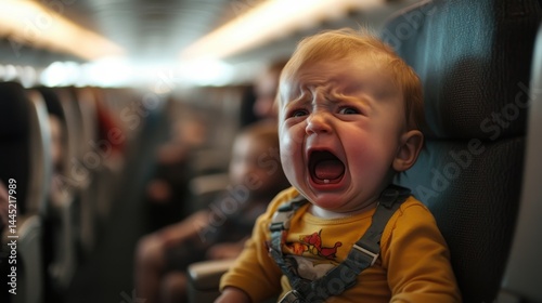 Obraz na płótnie A crying toddler is strapped into his seat on a commercial airplane. Use it to illustrate travel stress, fussy babies, or family travel problems. w salonie