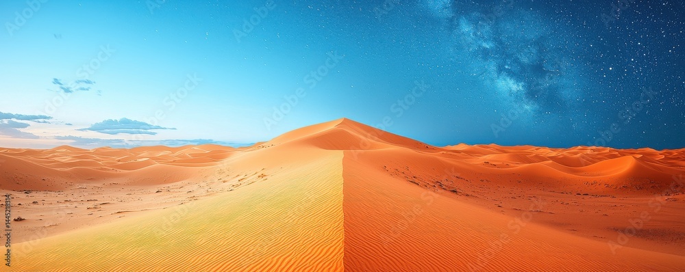 Stunning desert dunes transitioning from day to night under a clear sky