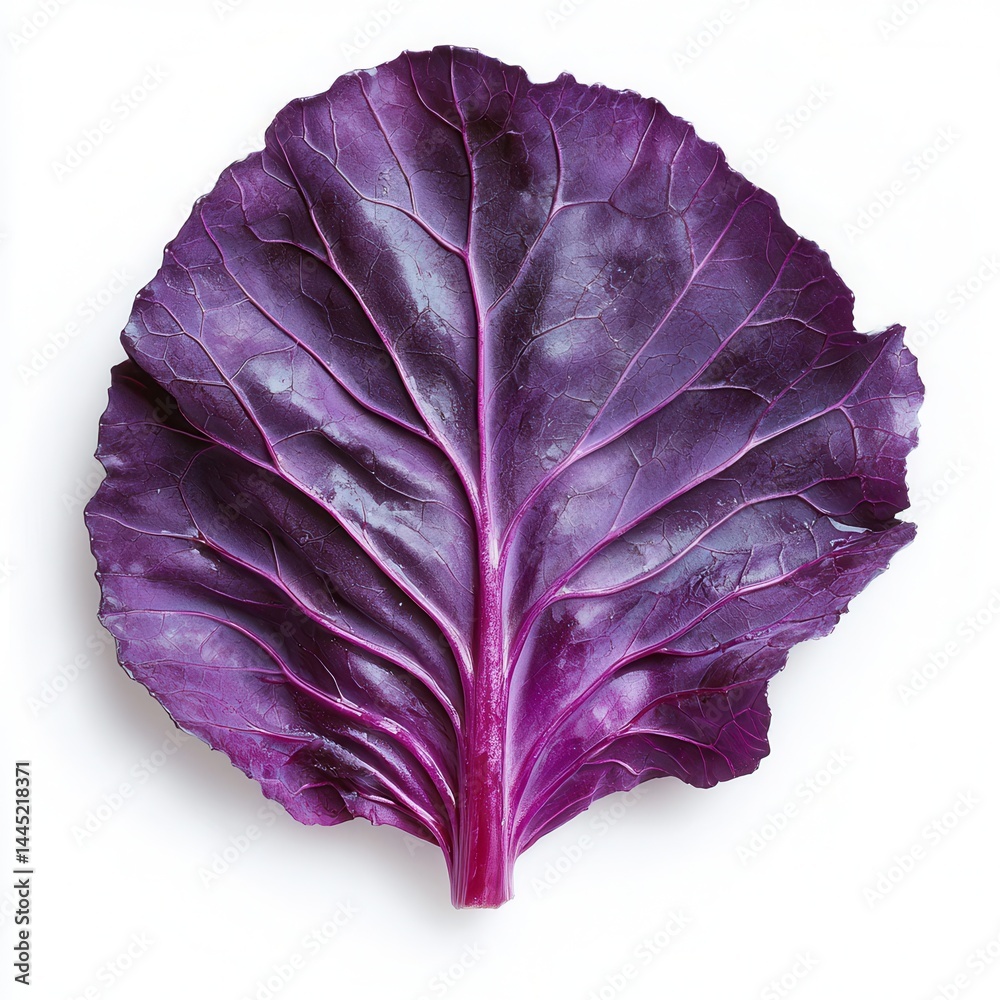 Obraz premium Closeup of a Single Vibrant Red Cabbage Leaf on White Background