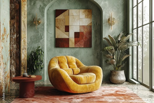 Obraz na płótnie Elegant interior with statement armchair, artistic decor, and lush greenery w salonie