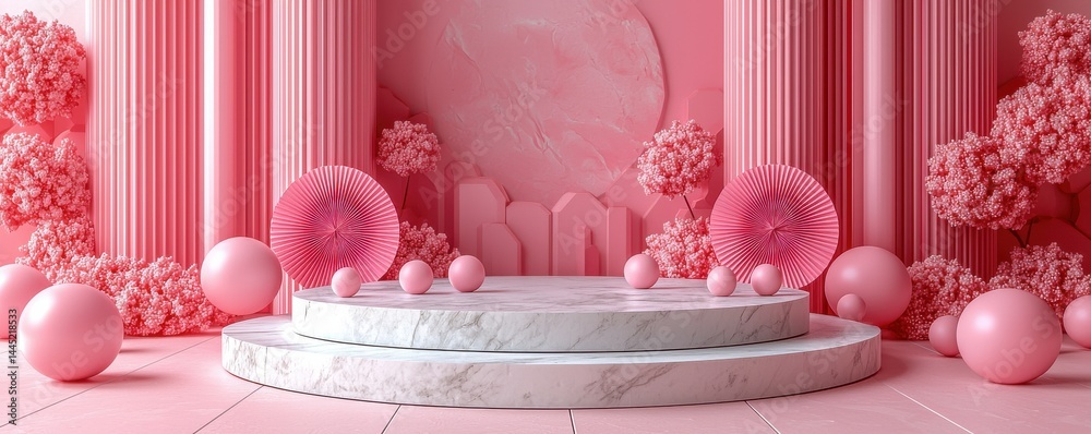 Pink backdrop with geometric stage and decorative floral and circular elements