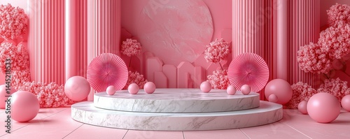 Obraz na płótnie Pink backdrop with geometric stage and decorative floral and circular elements w salonie