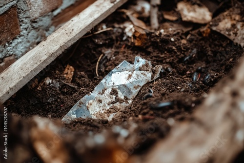 Wallpaper Mural A piece of dirty plastic waste is buried in dark soil, surrounded by debris. Torontodigital.ca