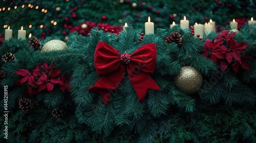 Festive holiday greenery arrangement Bow and candles