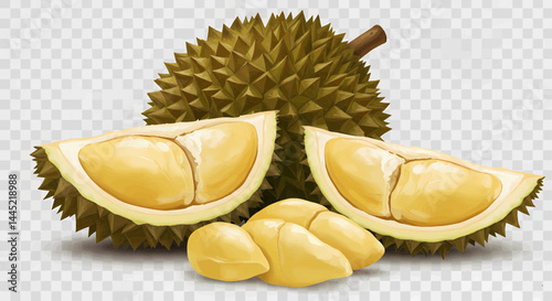 The durian fruit, with its spiky green-brown skin and pale yellow flesh, is covered in bright, rich colors. Partially open. Vector illustration