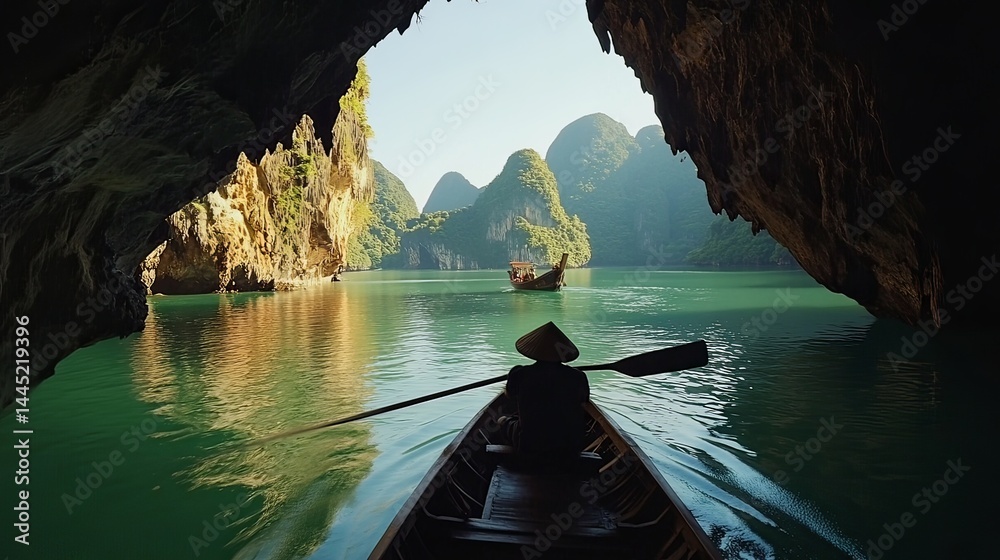 Fototapeta premium Exploring serene waters kayaking adventure halong bay scenic landscape close-up view nature's beauty