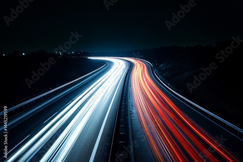 A dynamic long-exposure shot capturing red and white light trails on a highway at night, symbolizing speed and energy.
