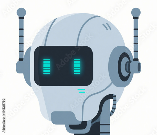 Flat Minimalist Robotic Head Vector Illustration on White Background