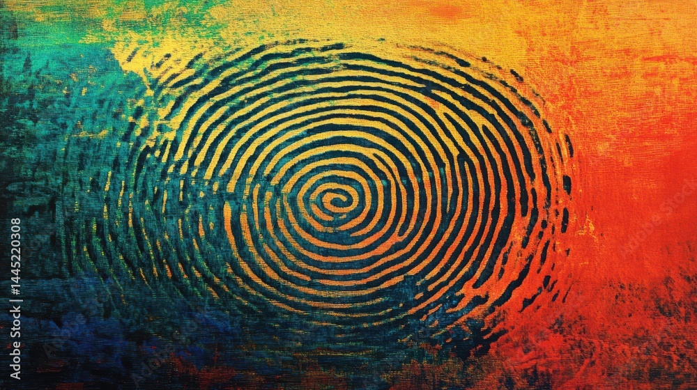 Fingerprint on canvas with colorful blue, orange, and yellow textured paint. Use for abstract art, identity, security, or unique design concepts.